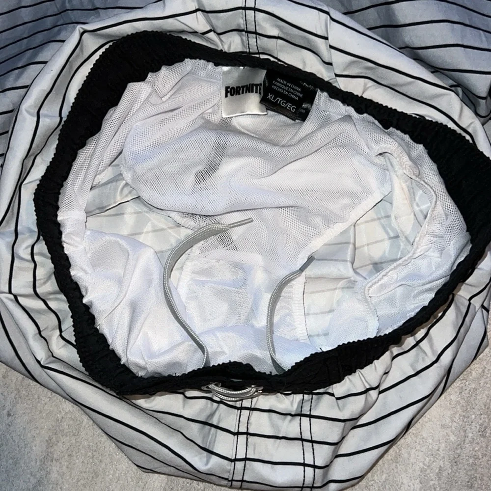 Grey & black striped Fortnite swim bottoms size XL kids swim trunks